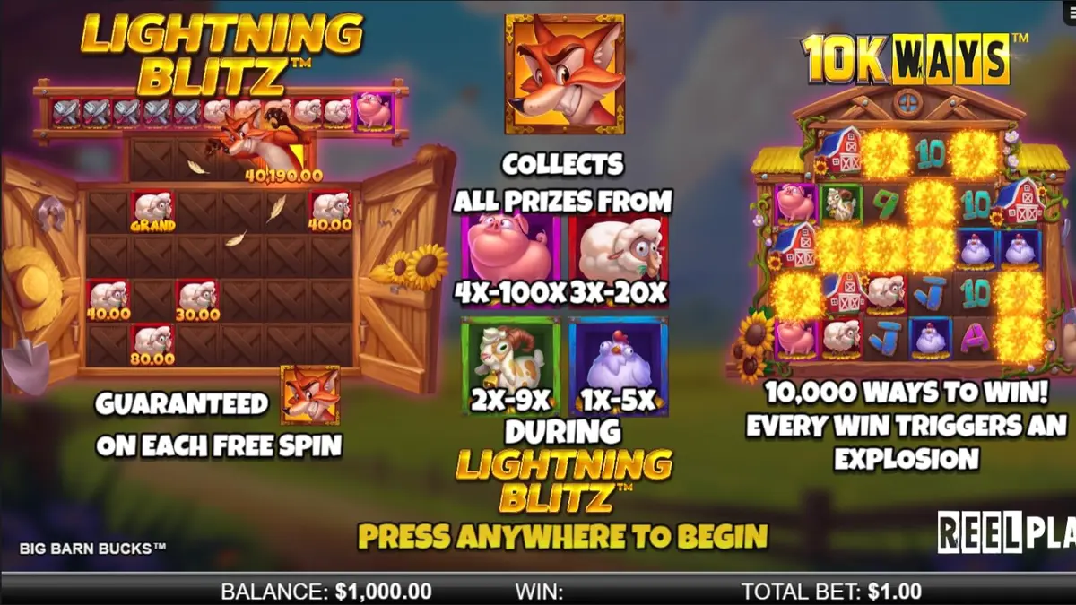 Big Barn Bucks slot machine interface na may mga hayop at farm theme